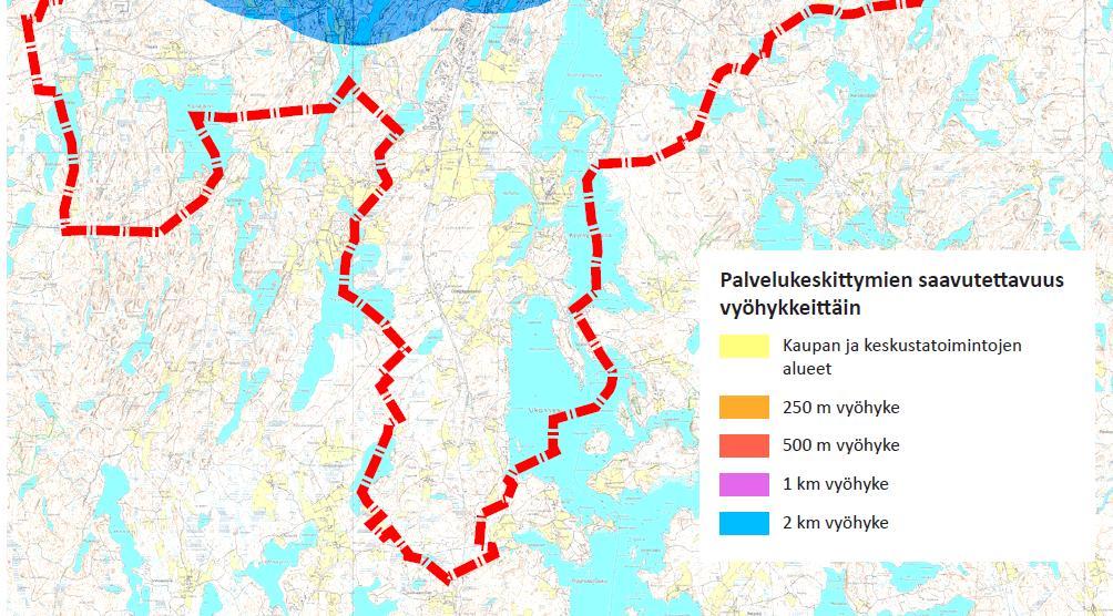 lisärakentamistarpeeseen. Kasvavan taajaman alueilta palvelut ovat pääosin hyvin (alle 2 km etäisyydellä) saavutettavissa.