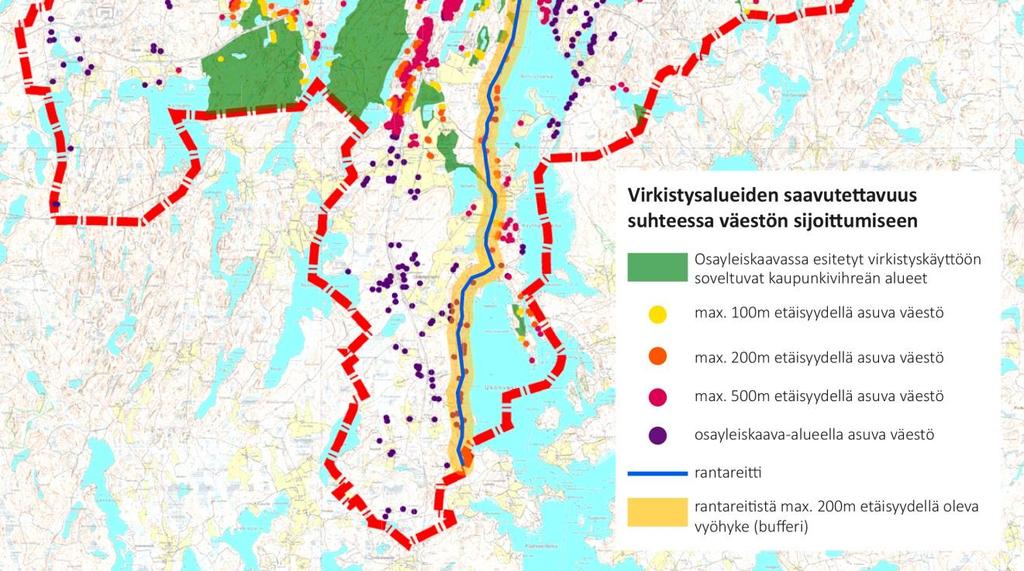 Eri värein on virkistysalueista eri etäisyyksillä asuva väestö. Virkistysalueista 100m etäisyydellä asuu 25 %, 200 metrin etäisyydellä 46 % ja 500 m etäisyydellä 82 % osayleiskaava-alueen väestöstä.