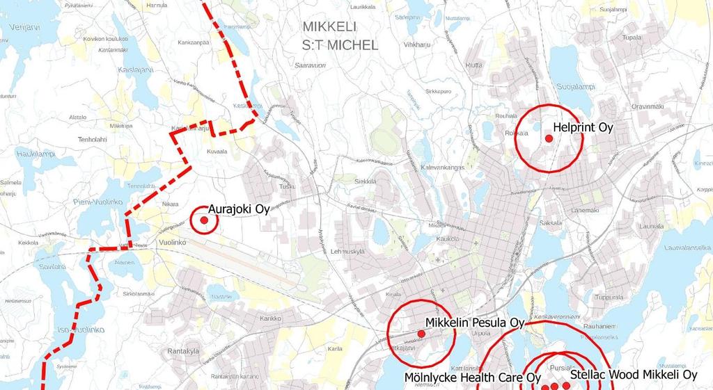 Kartalla on esitetty Mikkelin kantakaupungin osayleiskaava-alueella sijaitsevat SEVESO-kohteet konsultointivyöhykkeineen.