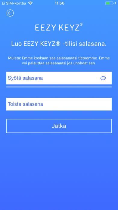 Vaihe 3. EEZY KEYZ käyttöönotto Uusi käyttäjä Kun EEZY KEYZ -mobiilisovellus on onnistuneesti liitetty käyttäjän sähköpostipalvelimeen, pyytää sovellus syöttämään käyttäjän henkilökohtaisen salasanan.