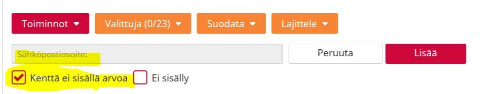 valinnat Lukumäärät Valittuja - otsikon perässä merkitsee (Valittujen lukumäärä / Listauksen kaikki rivit yhteensä) 3) Suodata Voit suodattaa näytettäviä rivejä kenttien arvojen perusteella.