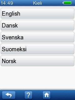 9 AccuScreen asetukset 9.3 Kieliasetus 1. Paina Kieli-painiketta Asetukset-näytöllä. 2. AccuScreen-kieliasetus vaihdetaan painamalla ensisijaisen kielen painiketta.