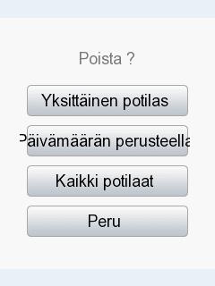 Painamalla Aloitusvalikko -painiketta siirrytään Aloitusvalikko -näytölle. 10.4.3 Kaikkien potilaiden poistaminen 1.