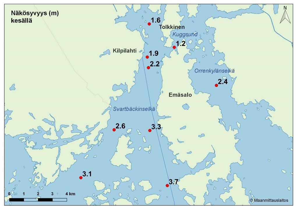Kuva 16. Päällysveden keskimääräinen näkösyvyys (m) Porvoon edustan merialueella kesällä (kesä-syyskuu) 2017. Kuva 17.