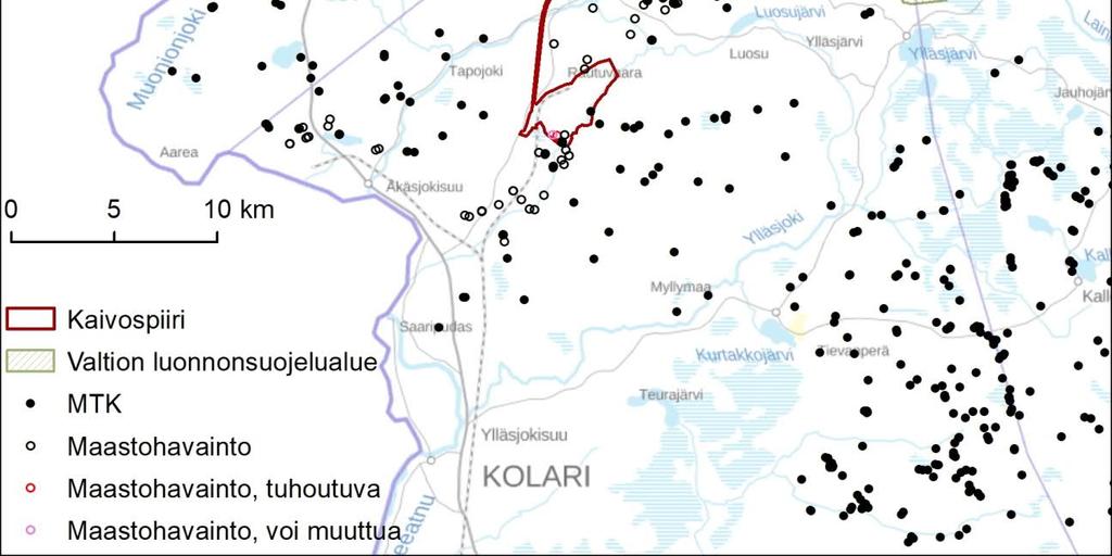lähialueen perustilaselvityksien yhteydessä havaitut lähteet erivärisin ympyröin merkittyinä: Mustat sijaitsevat toimintojen ulkopuolella, punaiseksi värjätyt jäävät toimintojen alle ja