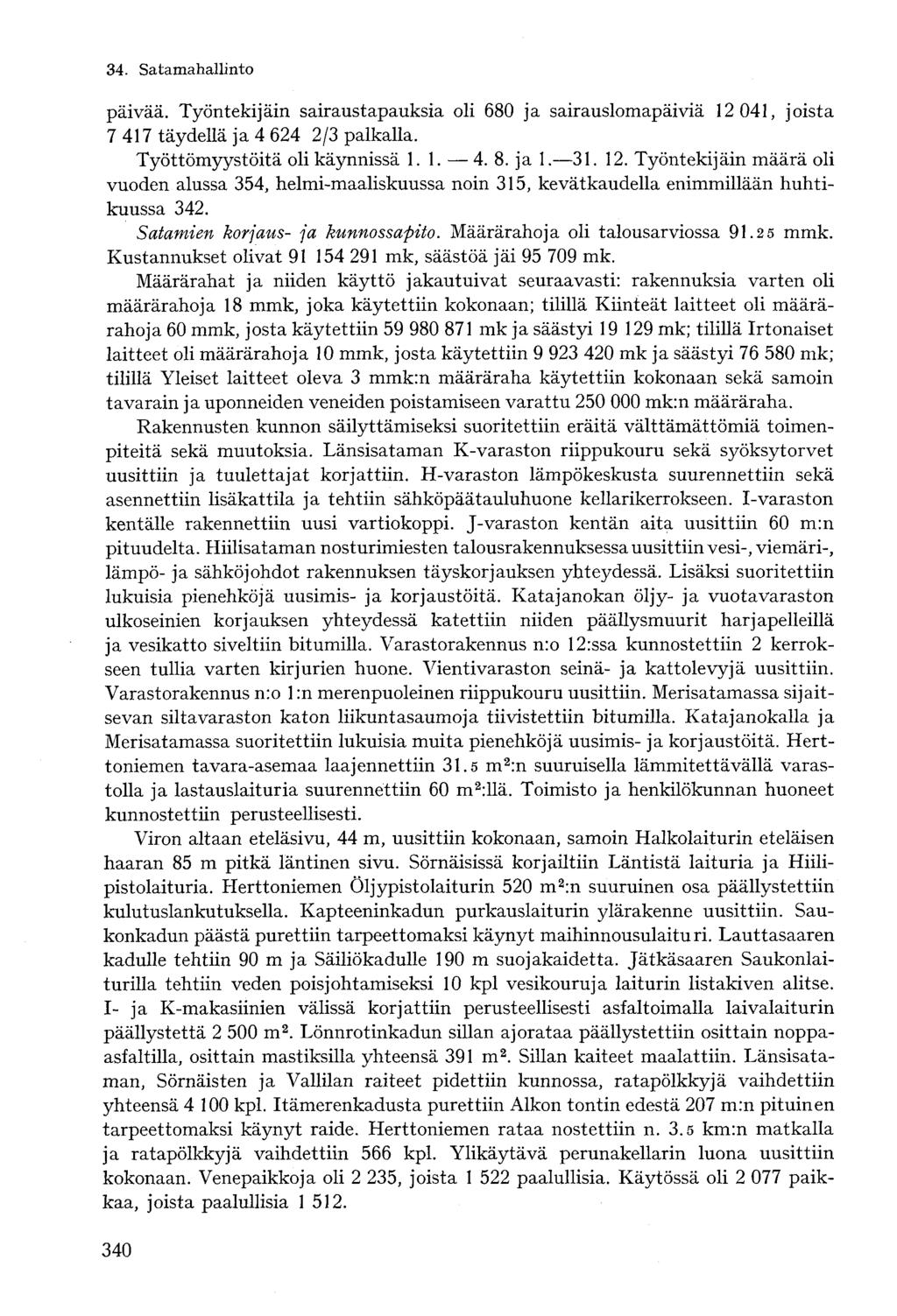 päivää. Työntekijäin sairaustapauksia oli 680 ja sairauslomapäiviä 12 041, joista 7 417 täydellä ja 4 624 2/3 palkalla. Työttömyystöitä oli käynnissä 1. 1. 4. 8. ja 1. 31. 12. Työntekijäin määrä oli vuoden alussa 354, helmi-maaliskuussa noin 315, kevätkaudella enimmillään huhtikuussa 342.