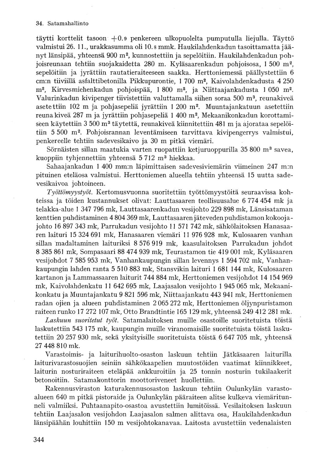 täytti korttelit tasoon +0.9 penkereen ulkopuolelta pumputulla liejulla. Täyttö valmistui 26. 11., urakkasumma oli 10.8 mmk.