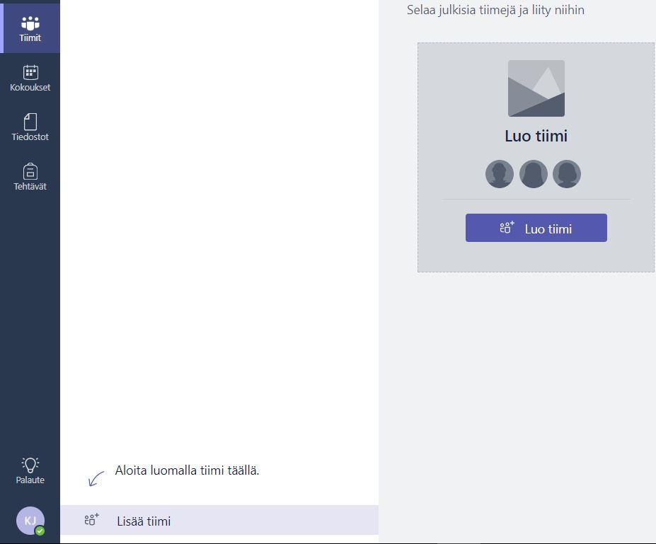 Tiimin luonti Ensimmäisellä kerralla Teams tuo esiin kuvakkeen tiimin