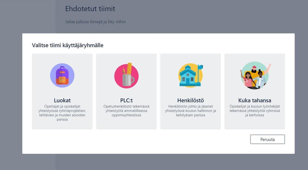 Tiimin luonti Opettaja valitsee luokalle "Luokat" -vaihtoehdon.