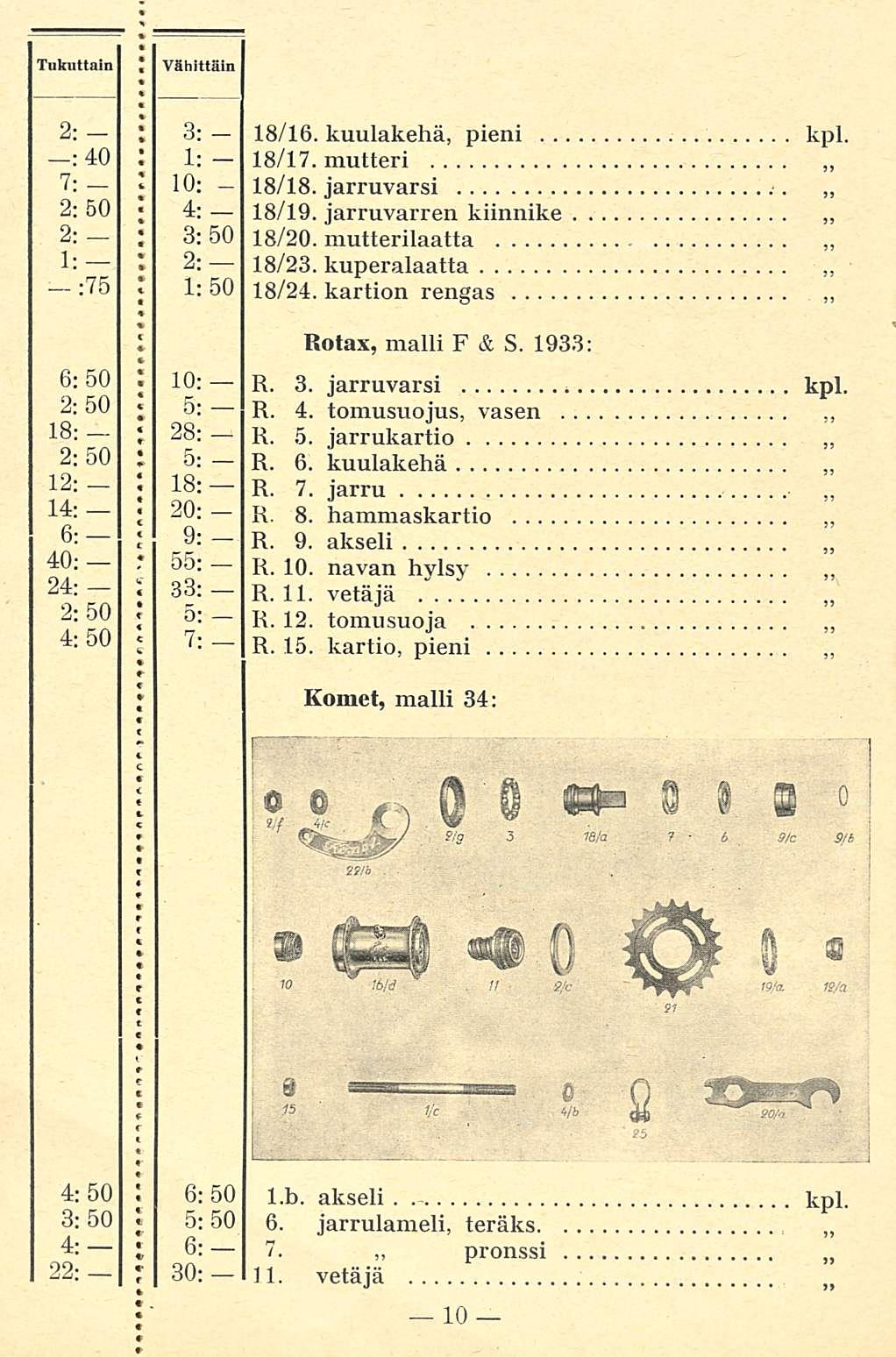 18/19. 11. 2: : 3; 18/16. kuulakehä, pieni kpl. 7: 10; 18/18. jarruvarsi _ 2: 50 ; 4: jarruvarren kiinnike 2: ; 3: 50 18/20. mutterilaatta 1: 2: 18/23. kuperalaatta :75 1: 50 18/24.