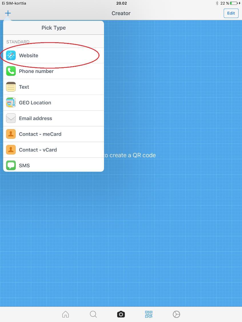 Tehdään WWW-sivujen linkki QR-koodilla: valitse Website