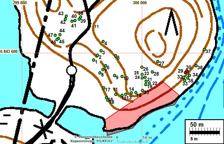 13 koekuoppakartat Koekuopat merkitty vihreillä pistellä ja numeroin. Esihistoriallisia löytöjä sisältäneet koekuopat on merkitty punaisilla pisteillä.