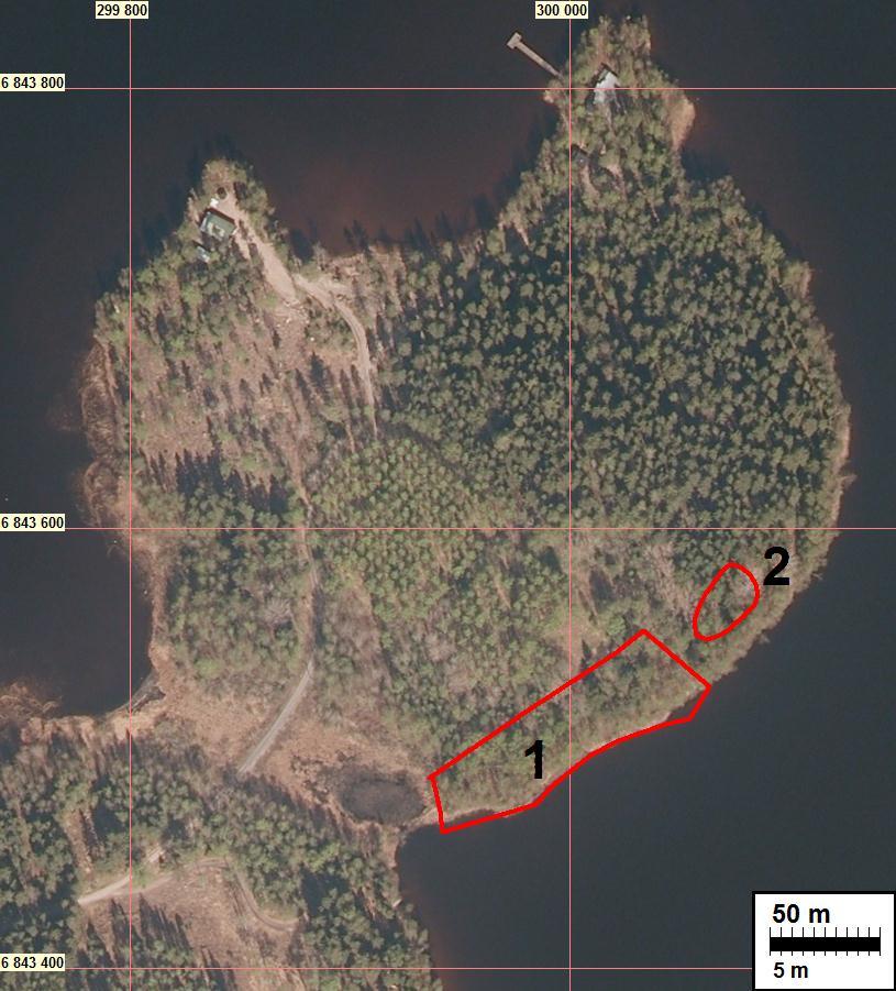 16 Manninsaaren esihistorialliset asuinpaikat. Nro 1 rajaus muinaisjäännösrekisterin mukaan sisältäen myös vesijätön.