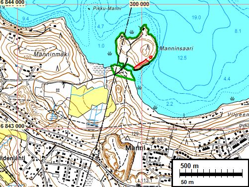 3 Manninsaaren muinaisjäännösalueet merkitty on punaisella.