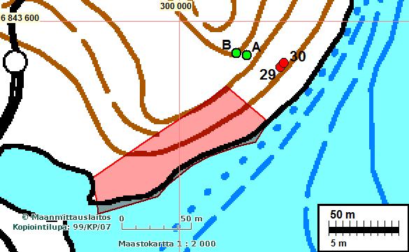 7 Havainnot Muinaisjäännösrajaus muinaisjäännösrekisterin mukaan. Löydölliset koekuopat on merkitty punaisilla pisteillä. Havaitut kuopanteet merkitty vihreillä pisteillä.