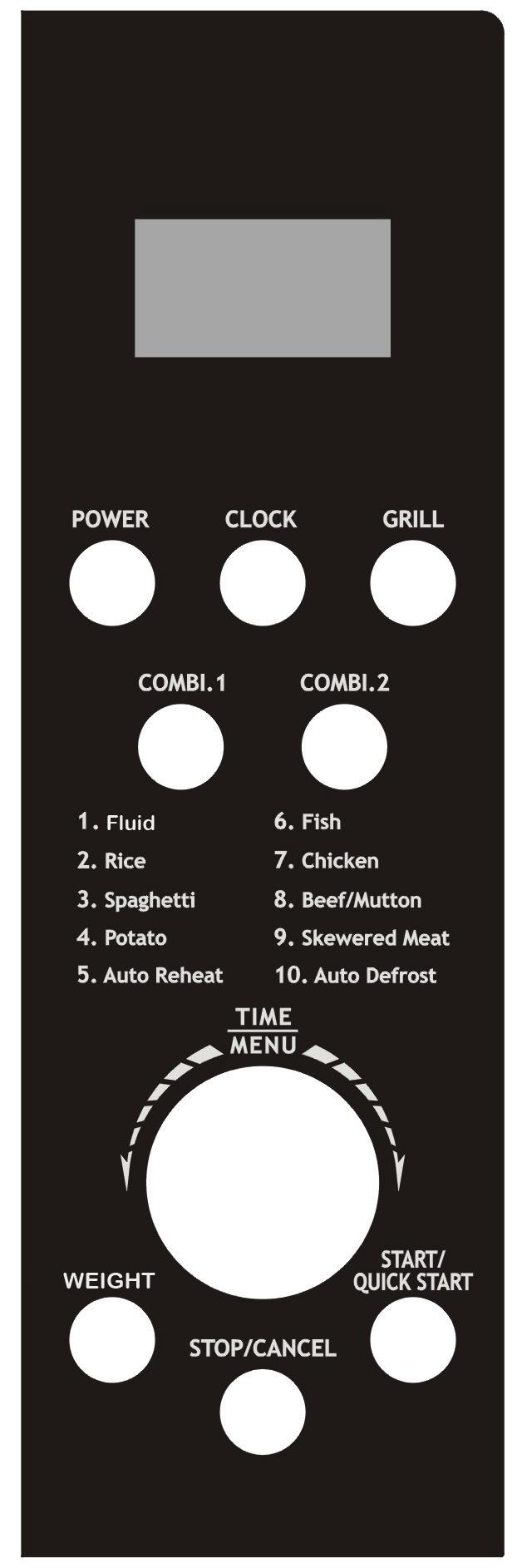 Control panel (see picture below) Display Cooking time, power, action indicators, and clock time are displayed. POWER button For setting of cooking power level.
