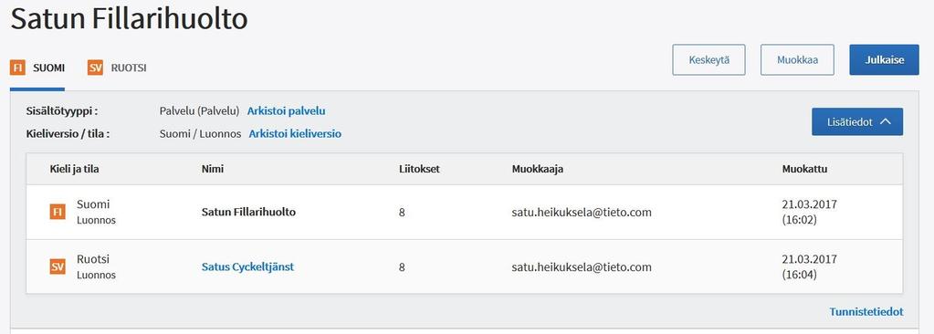 OHJE 87 (88) Tunnistetiedot Sisällön tarkemmat tunnistetiedot löydät Lisätiedot-näkymän oikeasta alareunasta