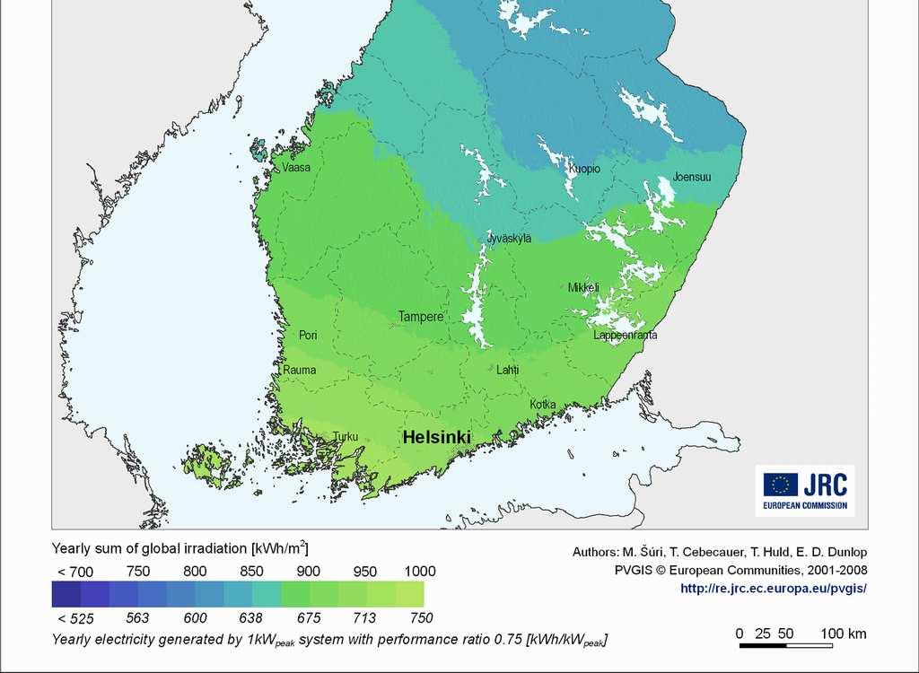 kulmalla Vuotuinen säteilymäärä Suomessa 700