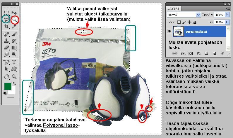 Magnetic lasso tool (magneettinen lasso) a. Määritetään pisteitä hiirellä klikkaamalla kohdissa, joissa työkalu ei itse löydä valinnan reunaa b. Vääriä pisteitä poistetaan Delete-näppäimellä 4.
