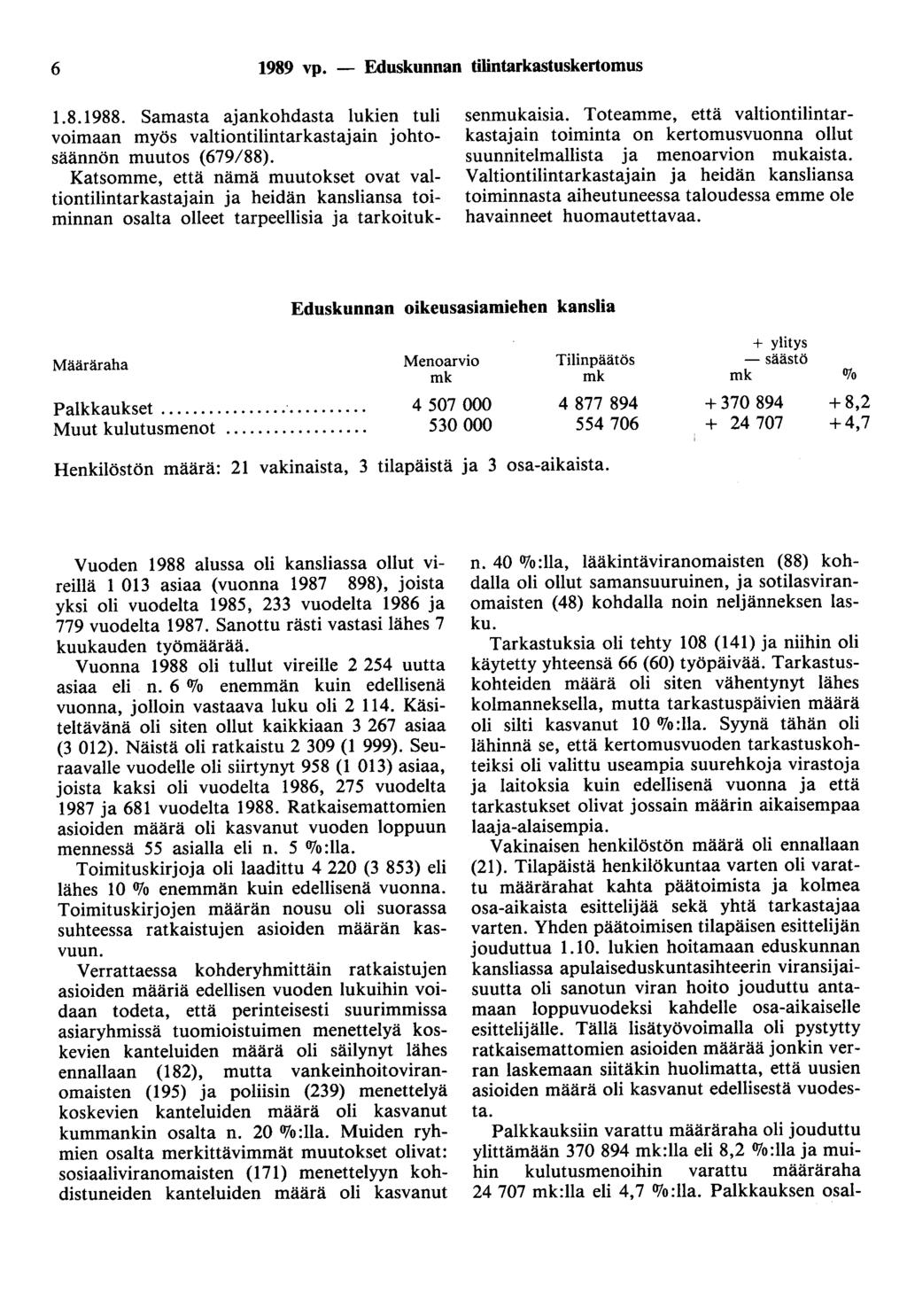 6 1989 vp. - Eduskunnan tilintarkastuskertomus 1.8.1988. Samasta ajankohdasta lukien tuli voimaan myös valtiontilintarkastajain johtosäännön muutos (679/88).