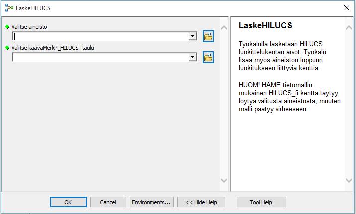 HSRCL (Laske HSRCL) Työkalulla lasketaan HSRCL-luokittelukentän arvot. Työkalu lisää myös kohdeluokan loppuun luokitukseen liittyviä kenttiä. HUOM!