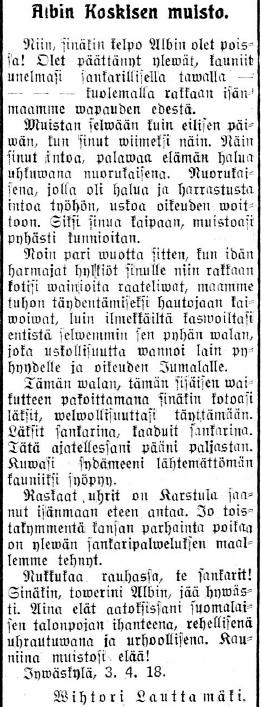 1918 väsyneenä ja uupuneena moniöisestä valvonnasta ja lumessa kahlaamisesta punaisten vangiksi.