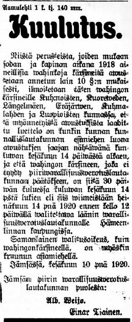 1920 sekä Hämeen Kansa nro