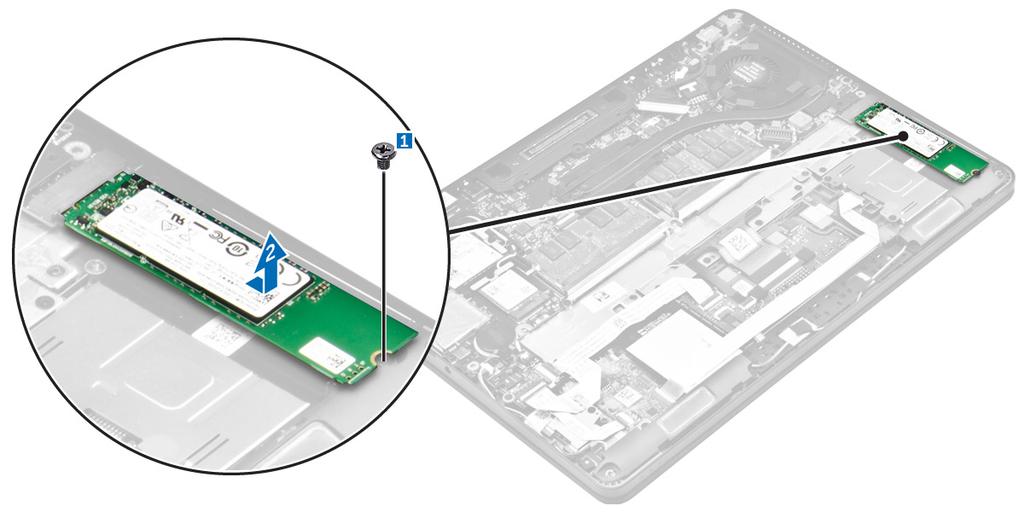 SSD-aseman asentaminen 1. Aseta SSD emolevyn liitäntään. 2. Kiristä ruuvi, jolla SSD-asema kiinnittyy tietokoneeseen. 3. Asenna seuraavat: a. akku b. rungon suojus 4.