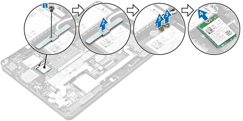 WLAN-kortin asentaminen 1. Aseta WLAN-kortti emolevyn liitäntään. 2. Liitä WLAN-kaapelit WLAN-kortin liittimiin. 3. Aseta metallikiinnike paikoilleen ja kiinnitä se tietokoneeseen kiristämällä ruuvi.