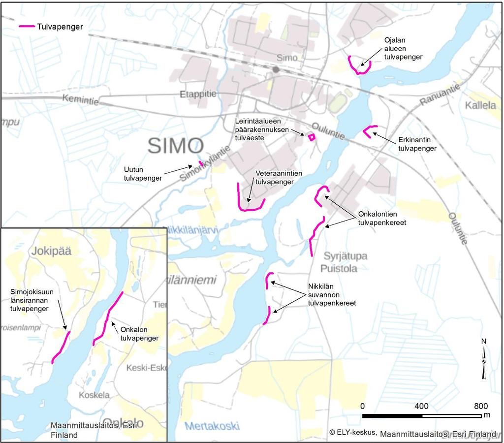 Kuva 11. Simon ja Simojoen suualueen tulvapenkereiden sijainti 2.8.