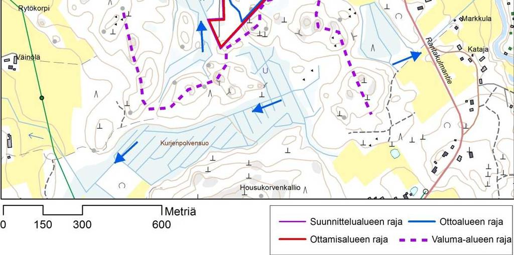 Oja yhtyy Vantaanjokeen noin 800 m etäisyydellä ottoalueen eteläosasta, johon on suunniteltu hulevesien tasausallas. Ottoalueen länsi- ja eteläpuolella oleva maasto on ojitettu.