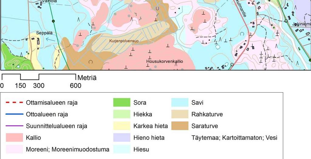 Tutkimusten mukaan kalliopinta on ottoalueen keskiosassa tasolla noin +77,5 +83 (ks. suunnitelmapiirustus S1), eli maakerrokset ovat siinä kohdin 2 9 m.