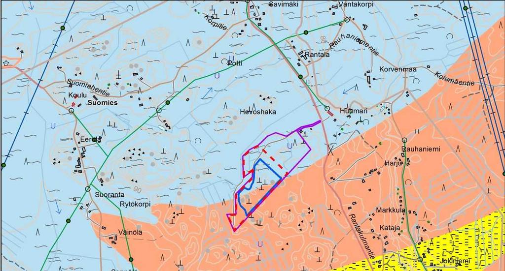Kuva 2. Alueen kallioperäkartta 2.5 Luonnonolot ja suojelualueet Suunnittelualueen vallitsevia metsätyyppejä ovat mustikka- ja puolukkatyyppi, lisäksi alueella on yksi osittain ojitettu isovarpuräme.