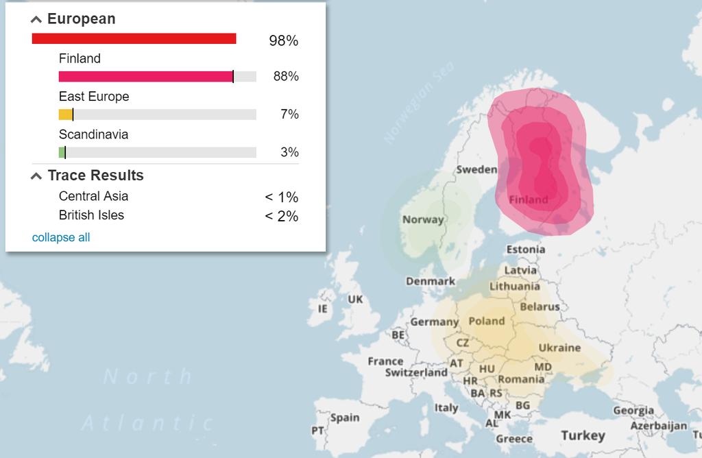 Family Finder -> MyOrigins Käyttöliittymä mahdollistaa omien geenimääritysten tulosten tallentamisen tiedostona myös käyttäjän omalle tietokoneelle.