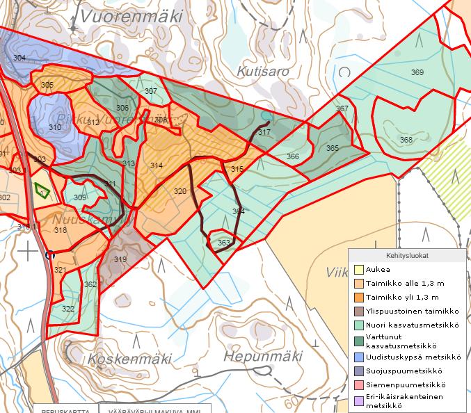 Kuviotulosteet ja teemakartat Selkeät metsäsuunnitelmatulosteet ja teemakartat vapaasti valittavasta kuviojoukosta Mahdollisuus luoda