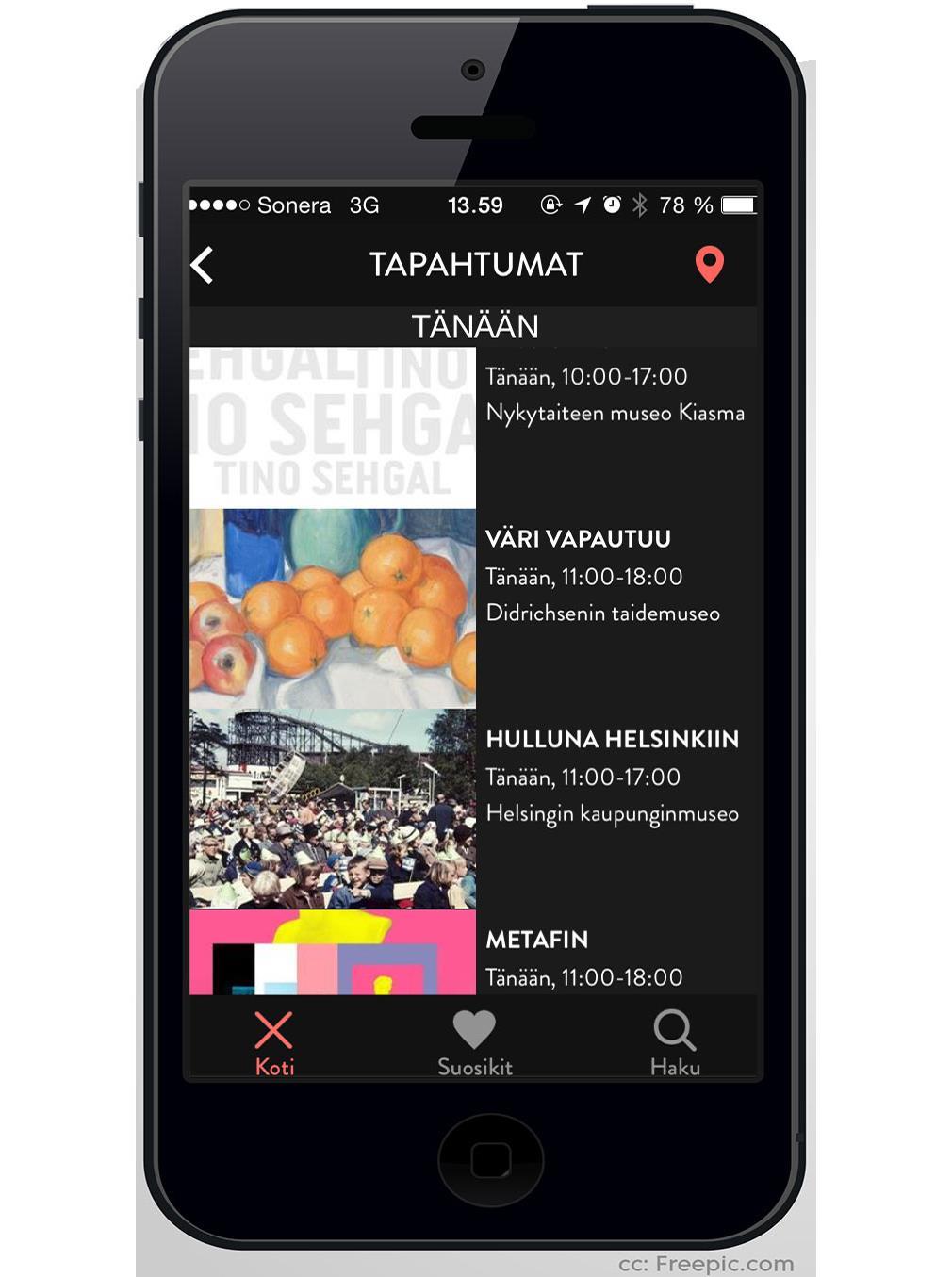 Tapahtumia kännykässä Eventmore-mobiilisovellus hakee Linked Eventsin tapahtumatietoa.