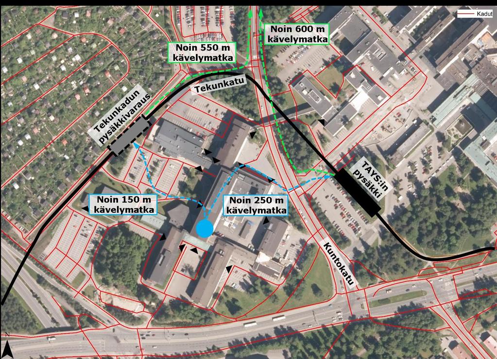 3. Kävelyreitit ja turvallisuus PYSÄKKI TEKUNKADULLA + TAMK on erittäin hyvin raitiotiepysäkiltä saavutettavissa (noin 150 metriä tarkastelupisteestä).