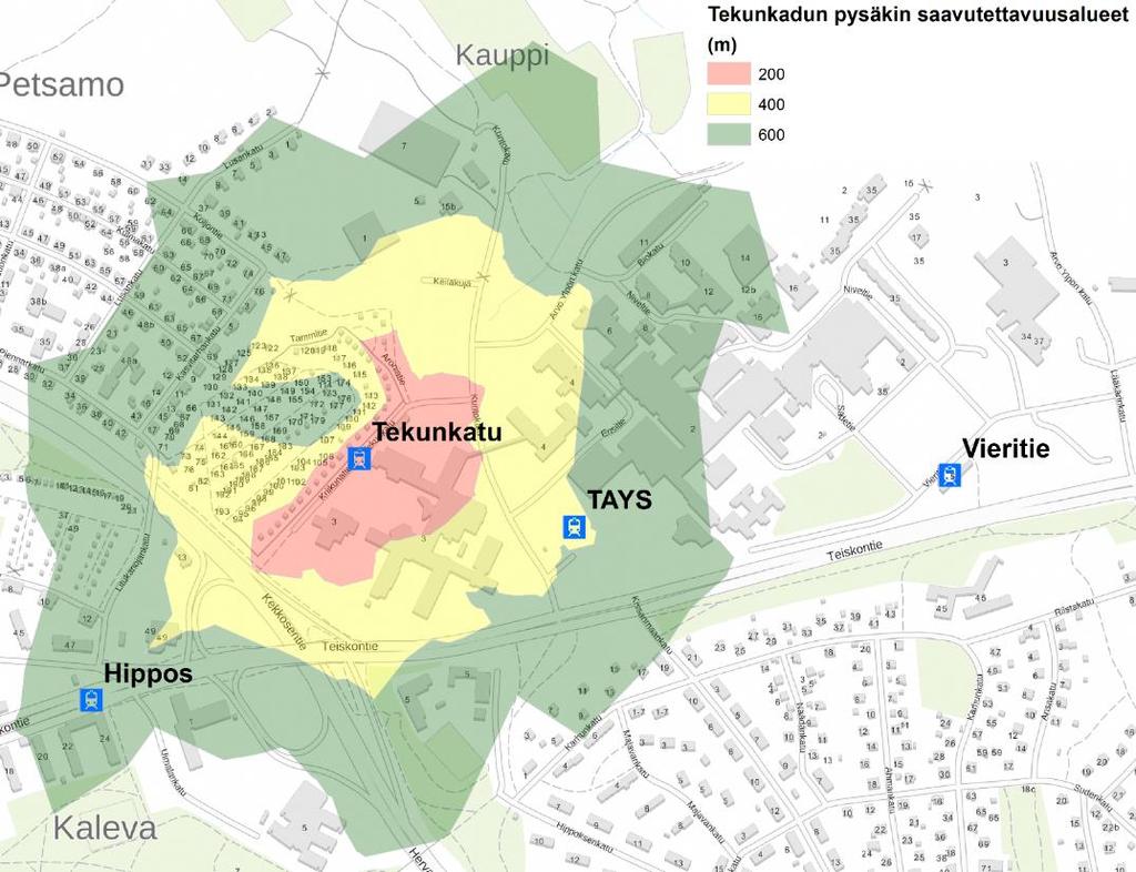 6. Väestö ja työpaikat pysäkkien saavutettavuusalueella PYSÄKKI TEKUNKADULLA + 800 metrin säteellä pysäkistä saavutetaan 700 asukasta.