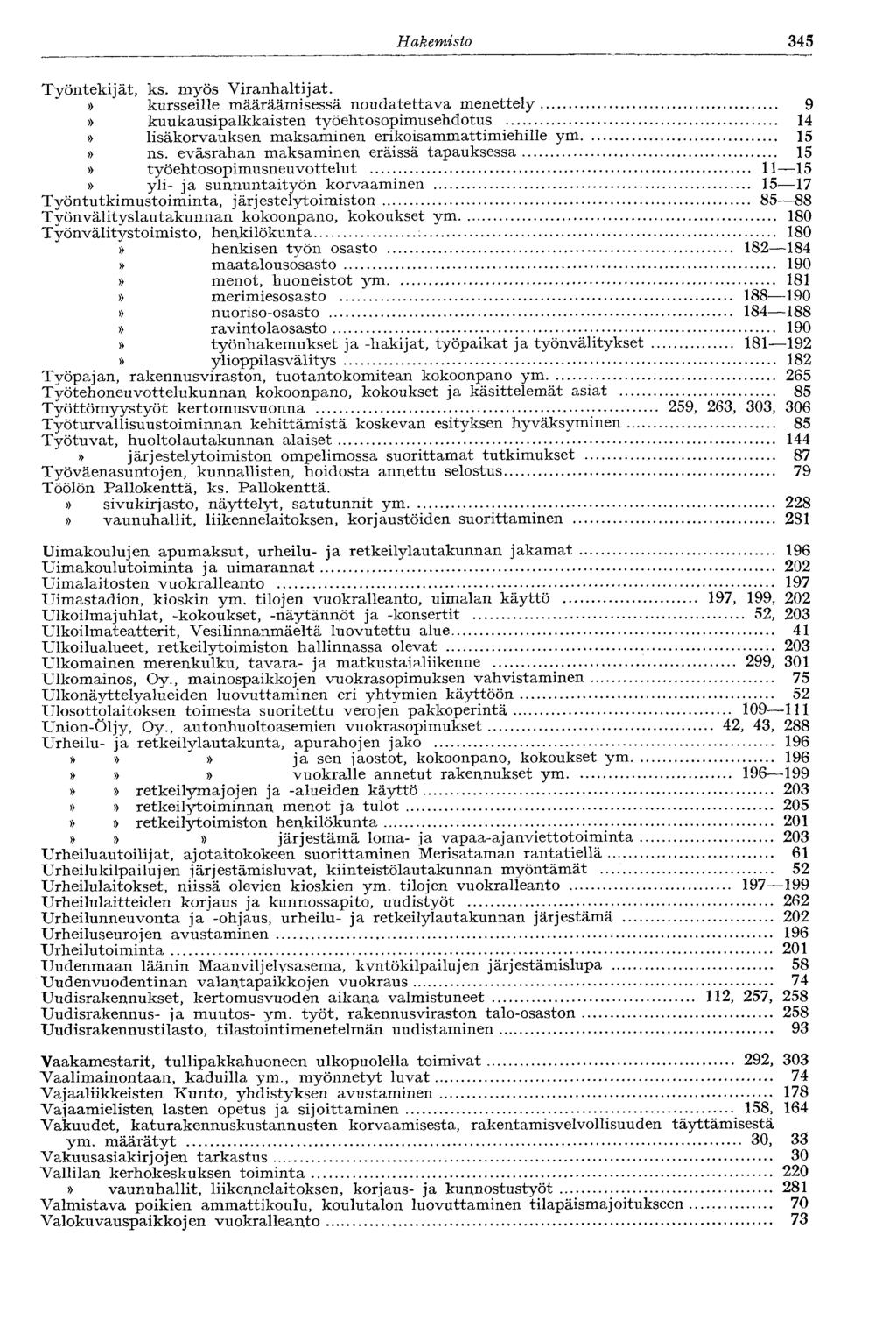 Hakemisto 345 Työntekijät, ks. myös Viranhaltijat.
