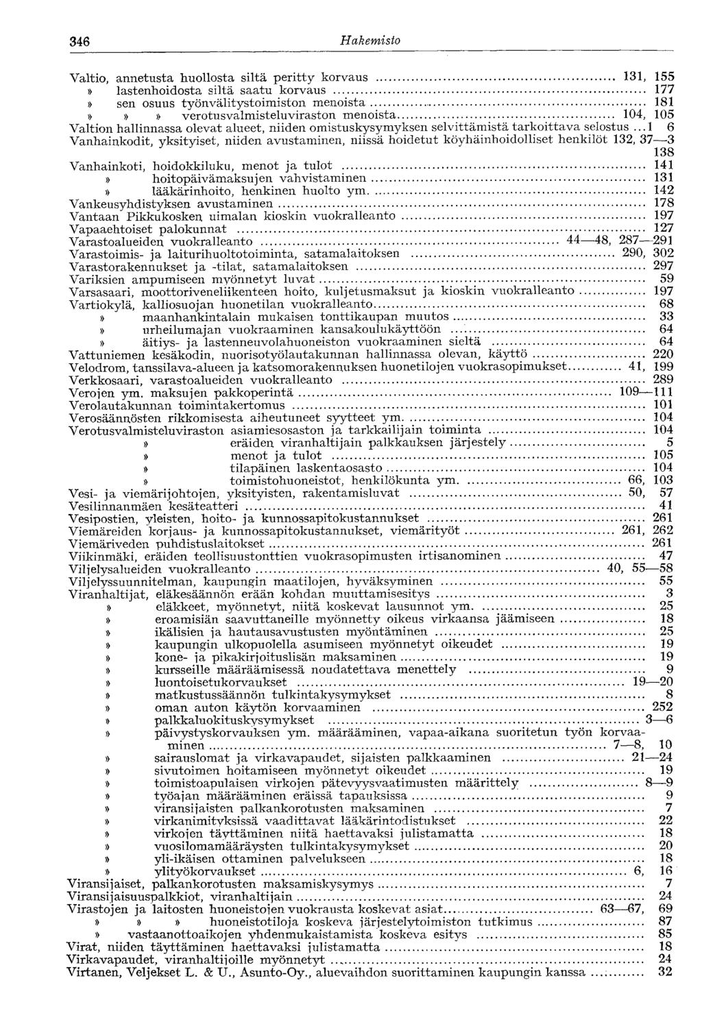 346 Hakemisto Valtio, annetusta huollosta siltä peritty korvaus 131, 155 lastenhoidosta siltä saatu korvaus 177 sen osuus työnvälitystoimiston menoista 181 verotus valmistelu viraston menoista 104,