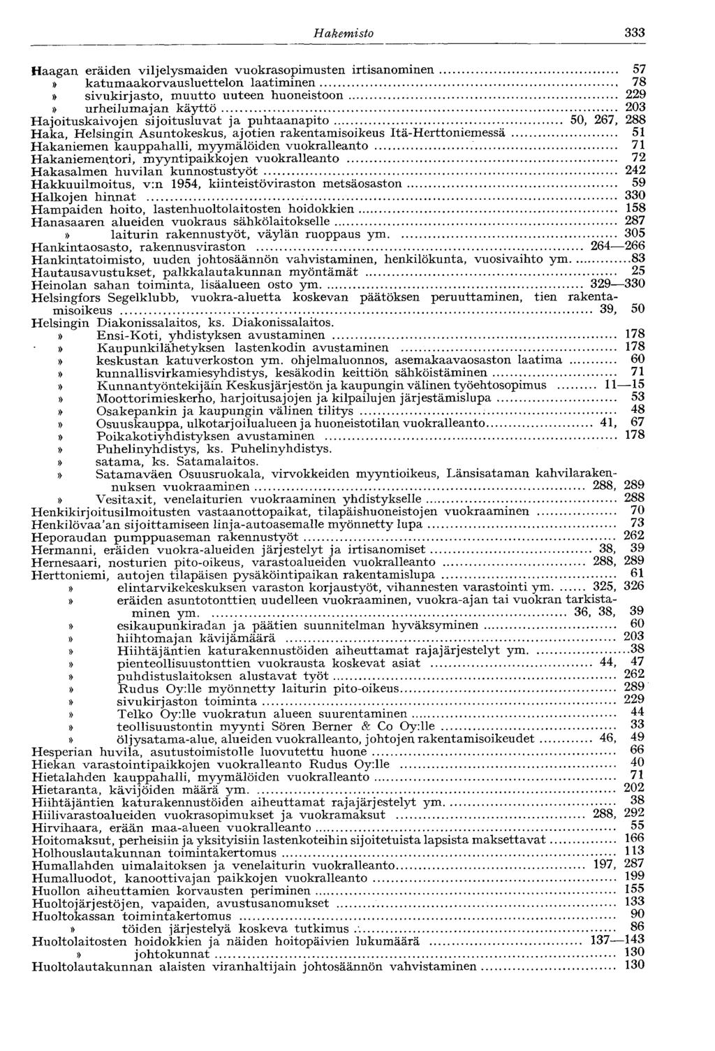 Hakemisto 333 H a a g a n e r ä i d e n v i l j e l y s m a i d e n v u o k r a s o p i m u s t e n irtisanominen 57 katumaakorvausluettelon laatiminen 78 s i v u k i r j a s t o, m u u t t o u u t e