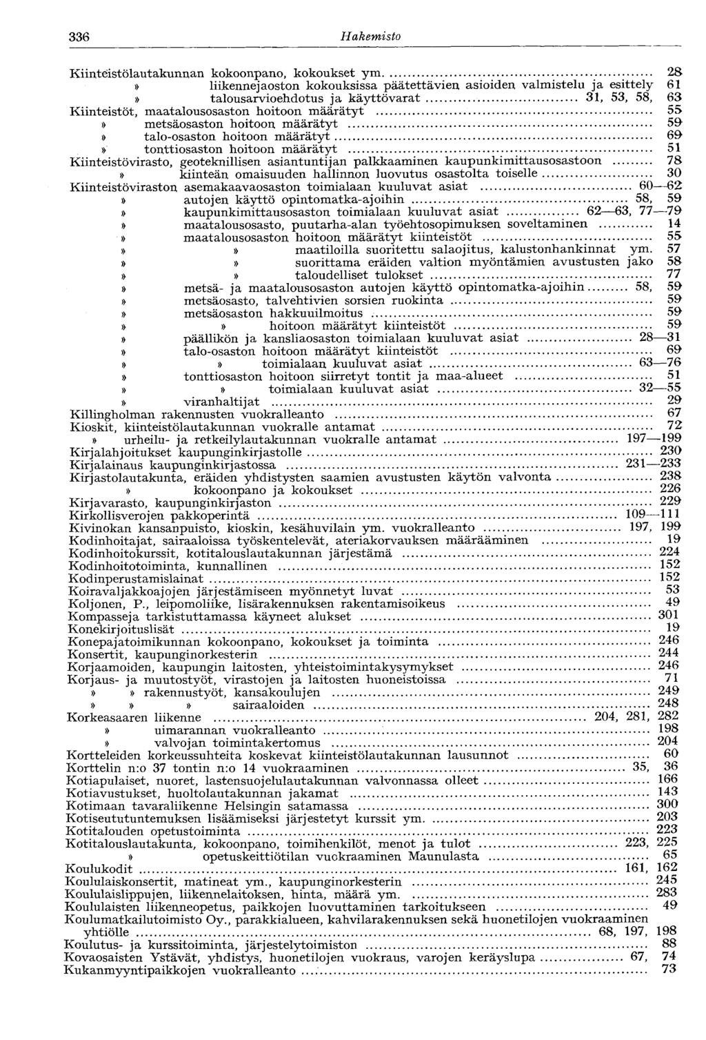 336 Hakemisto Kiinteistölautakunnan kokoonpano, kokoukset ym.