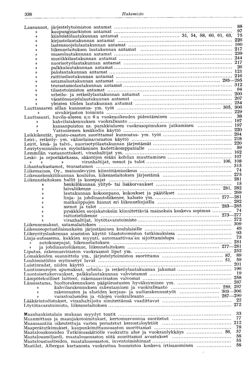 338 Hakemisto Lausunnot, järjestelytoimiston antamat 88 kaupunginarkiston antamat 97 kiinteistölautakunnan antamat 31, 54, 58, 60, 61, 63, 75 kirjastolautakunnan antamat 226 lastensuojelulautakunnan