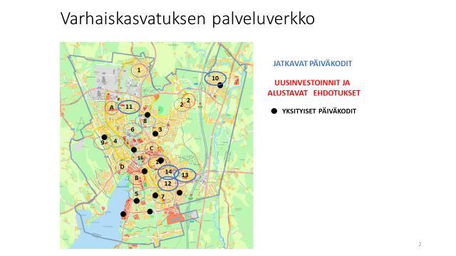 16 (32) 3.2 Varhaiskasvatuksen palveluverkko Järvenpäässä on verrattain tiheä päiväkotiverkko. Vuonna 2018 toiminasta poistuneet päiväkodit eivät ole enää merkittynä kartalle.