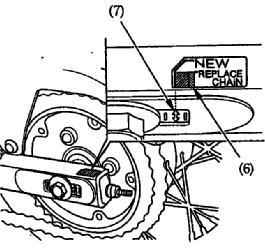 Ketjun kulumisen tarkistus Jos säätimen merkki (7) osuu taulukon punaiselle alueelle (6) kun ketju on säädetty oikein, on ketju kulunut ja näin ollen vaihdettava.