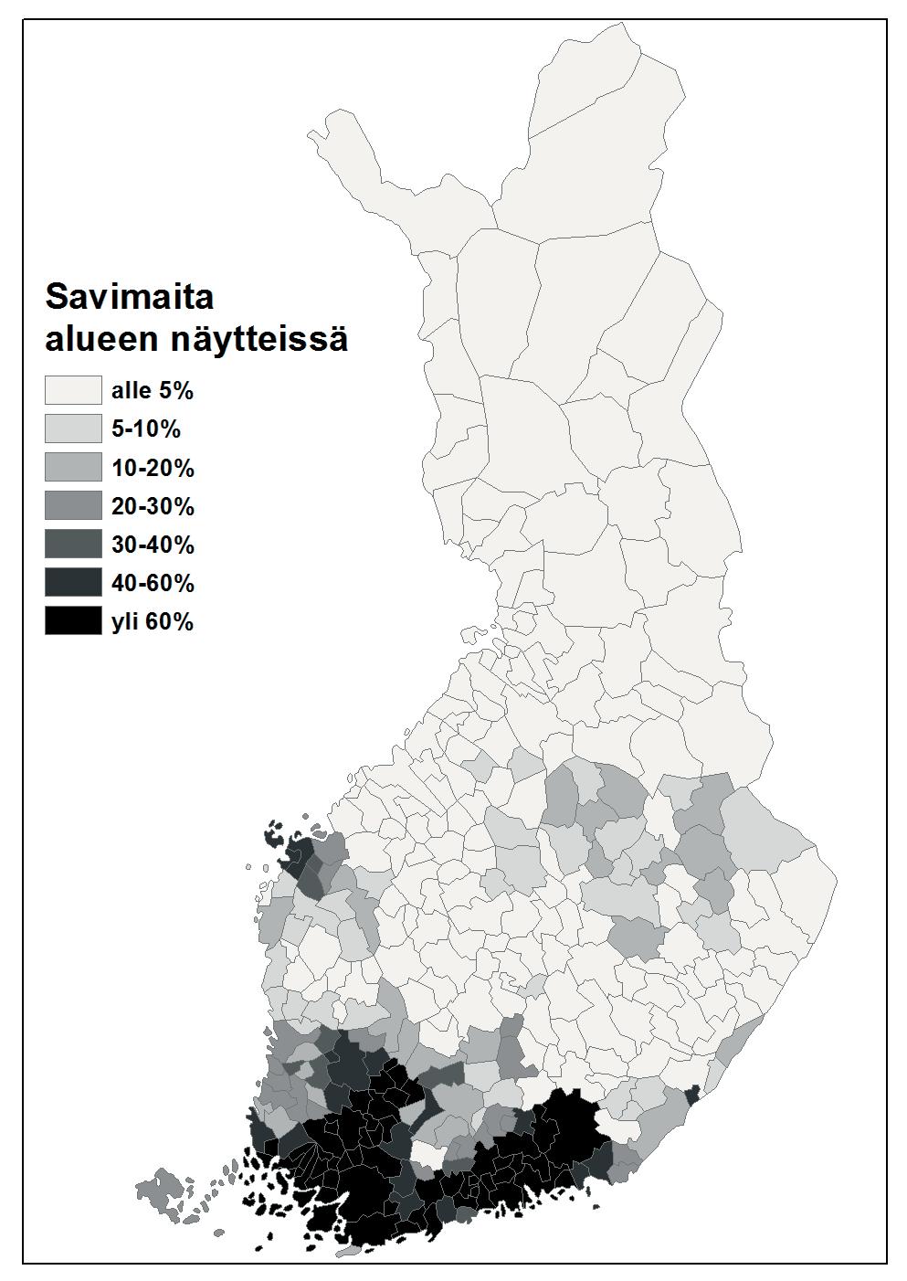 Kuva 4. Savimaiden osuus vuosien 2005 2009 tulosaineistossa kunnittain. Figure 4.