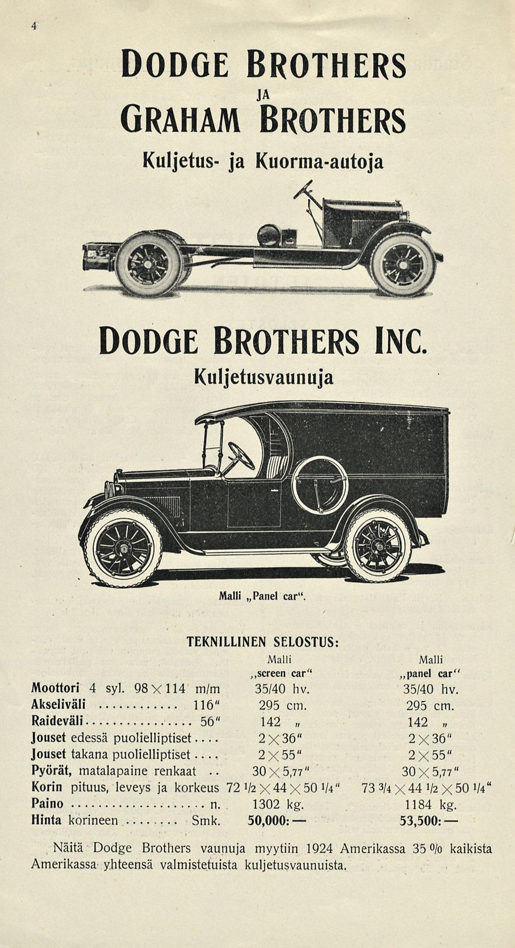 DODGE BROTHERS JA GRAHAM BROTHERS Kuljetus ja Kuormaautoja DODGE BROTHERS INC Kuljetusvaunuja Malli Panel car" TEKNILLINEN SELOSTUS Malli Malli ~screen car" panel car" 35/40 hv. 295 cm.