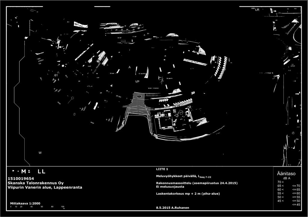 w RAMB LL 1510019654 Skanska Talonrakennus Oy Viipurin Vanerin alue, Lappeenranta LIITE 1 Meluvyöhykkeet päivällä, LAeq 7-22 Rakennusmassoittelu (asemapiirustus 24.4.2015) Ei melusuojausta Laskentakorkeus mp + 2 m (piha-alue) Mittakaava 1:2000 o -,o~:.