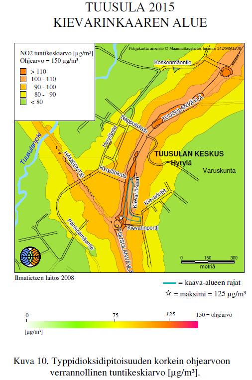 Kievarinkaaren asemakaavaan liittyvissä ilmanlaatutarkasteluissa on esitetty typpioksidipäästöistä mallinnusten karttakuvia, jotka kattavat osin myös nyt tarkastelussa olevien kiinteistöjen aluetta.