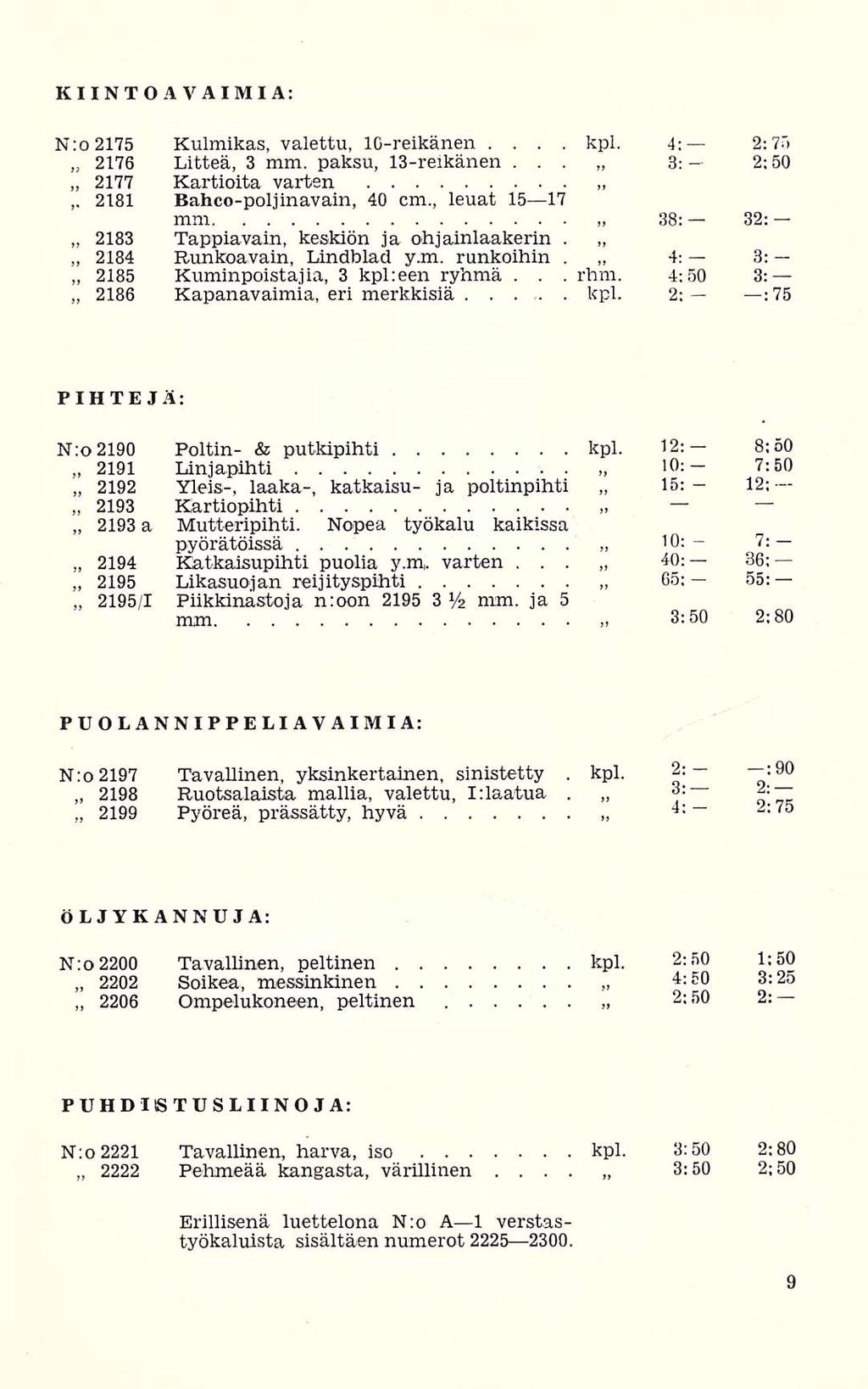 2195/1 kpl KIINTOAVAIMIA; N:02175 Kulmikas, valettu, 10-reikänen 4: 2:75 2176 Litteä, 3 mm paksu, 13-reikänen 3: 2:50 2177 Kartioita varten 2181 Bahco-poljinavain, 40 cm, leuat 1517 ~ mm 38: 32: ja